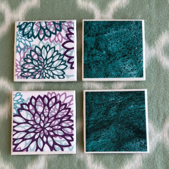 Floral and Marble design tile Coaster Set - Picture 1 of 3